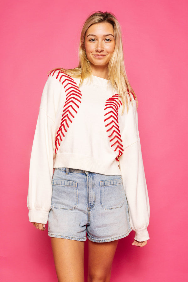 White Baseball Stitch Long Sleeve Sweater- White