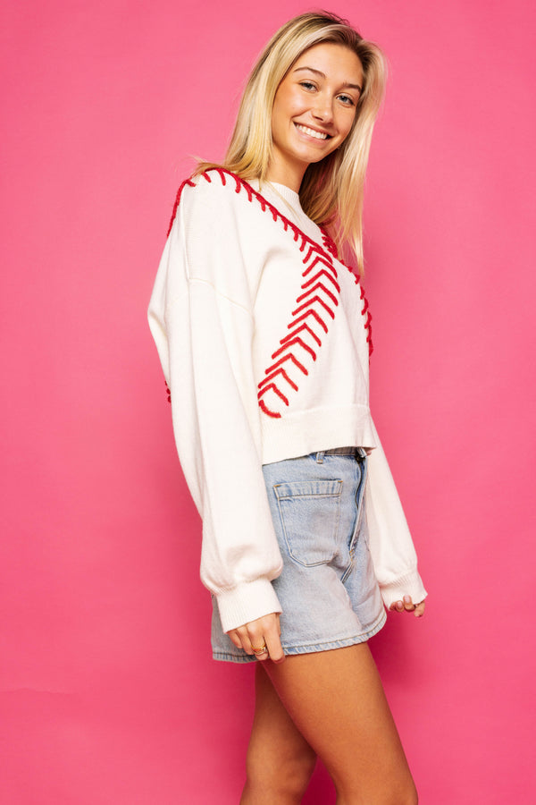 White Baseball Stitch Long Sleeve Sweater- White