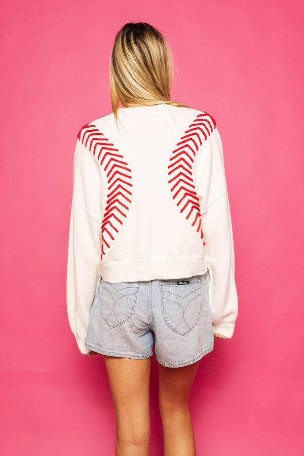 White Baseball Stitch Long Sleeve Sweater- White