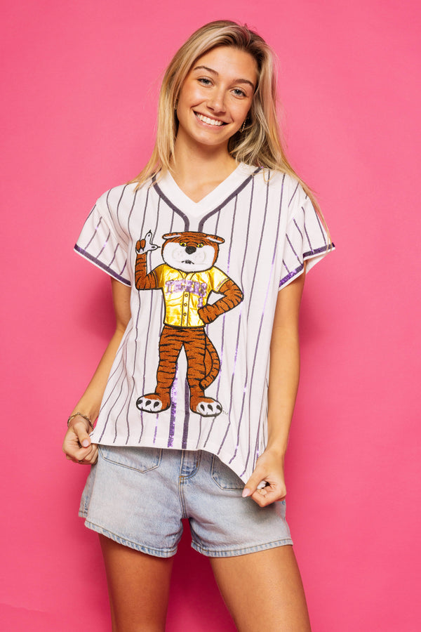 White Purple Stripe LSU Tiger Tee- (Women's)