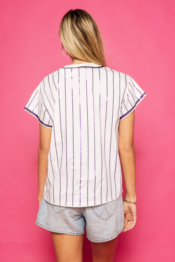 White Purple Stripe LSU Tiger Tee- (Women's)