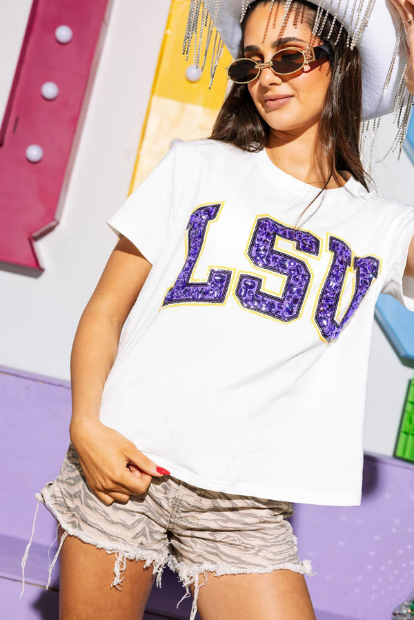 LSU Jeweled Letter Tee- Women's