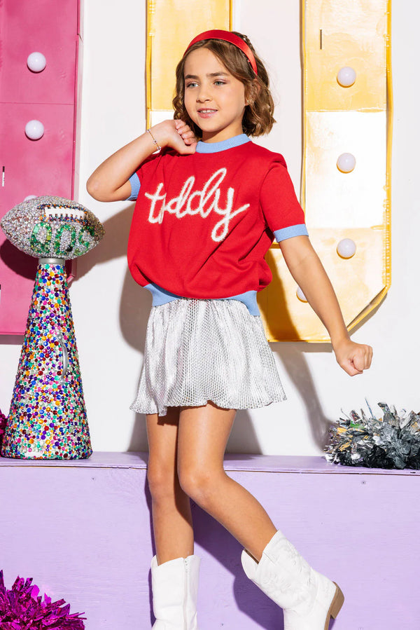 Red "Toddy" Short Sleeve Glitter Script Sweater