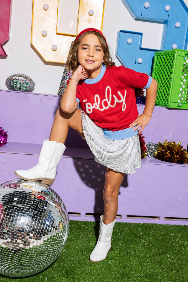 Red "Toddy" Short Sleeve Glitter Script Sweater