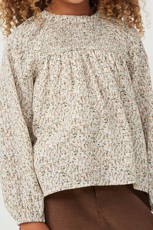 Ditsy Print Smocked Detail Long Sleeve Top- Ivory