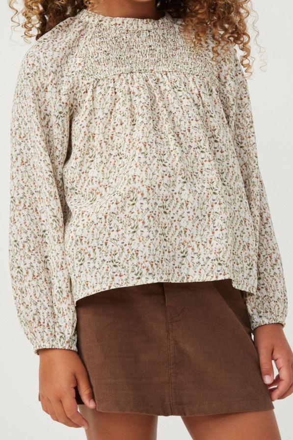 Ditsy Print Smocked Detail Long Sleeve Top- Ivory