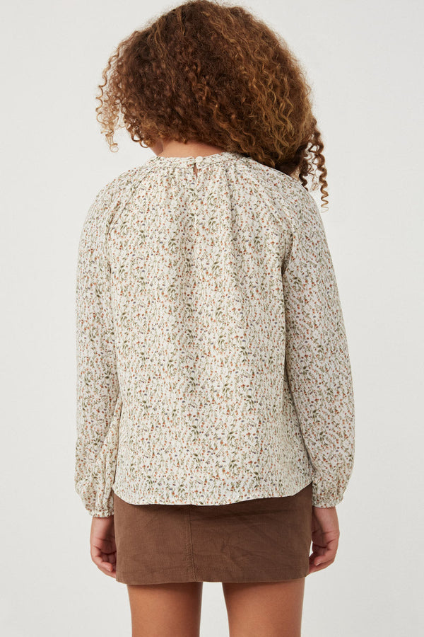 Ditsy Print Smocked Detail Long Sleeve Top- Ivory