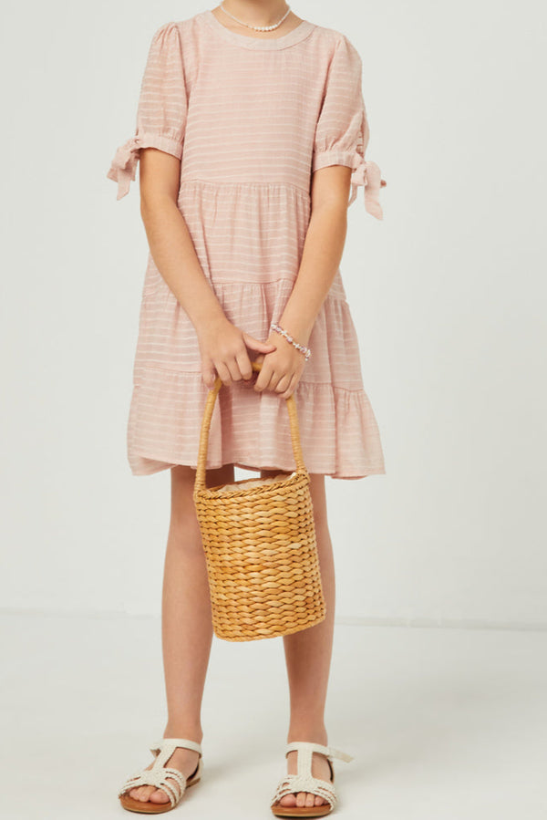 Textured Stripe Tie Sleeve Tiered Dress