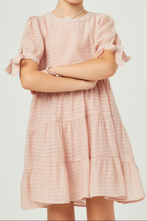 Textured Stripe Tie Sleeve Tiered Dress