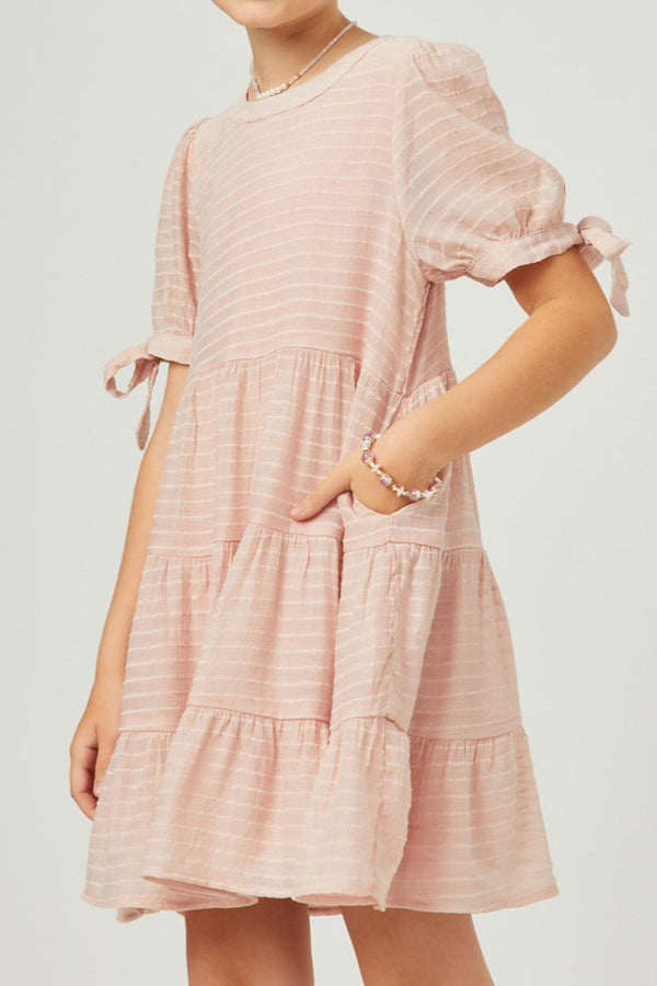 Textured Stripe Tie Sleeve Tiered Dress