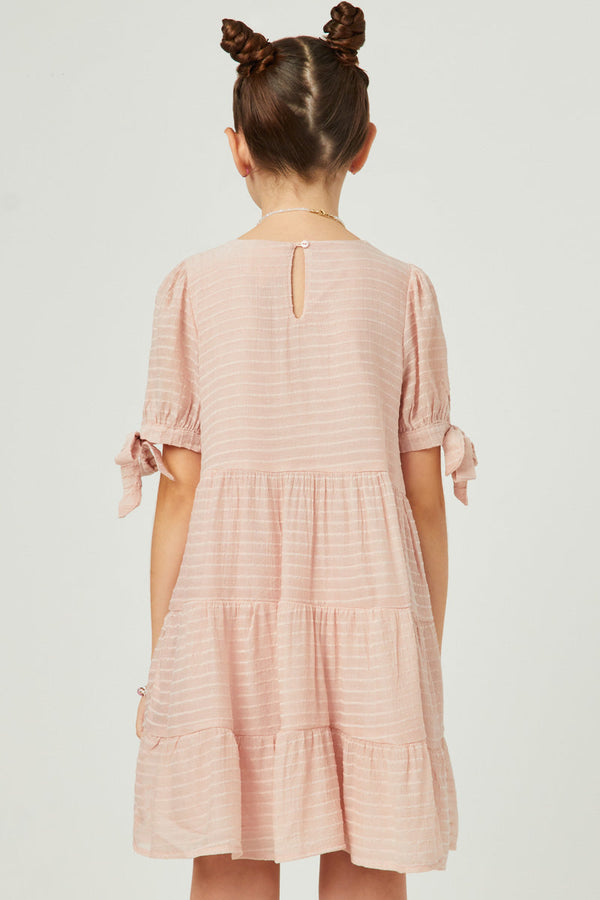 Textured Stripe Tie Sleeve Tiered Dress