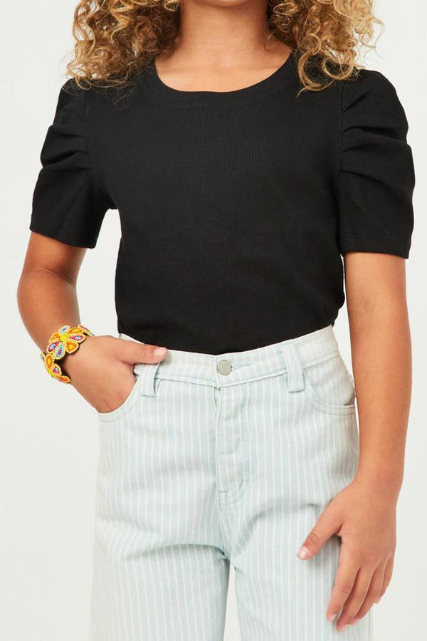 Ribbed Pleated Shoulder Puff Sleeve Top- Black