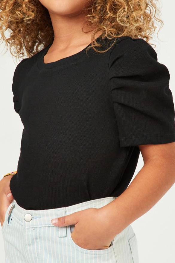 Ribbed Pleated Shoulder Puff Sleeve Top- Black