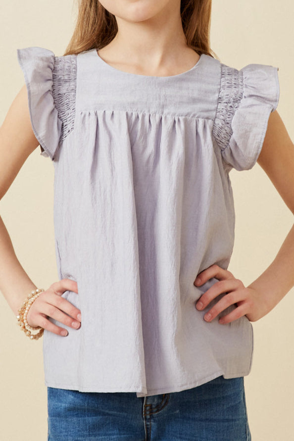 Smocked Detail Ruffle Shoulder Top