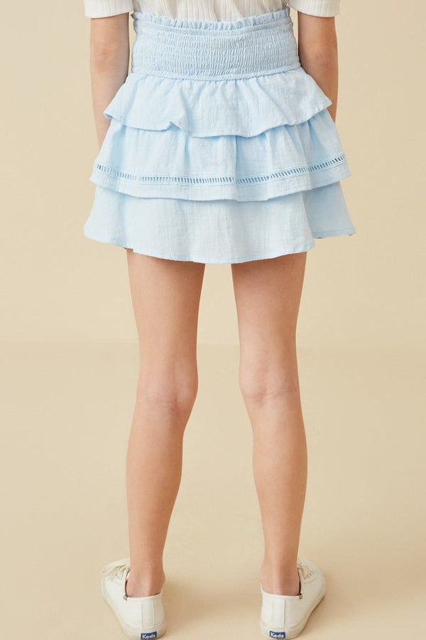 Crochet Trimmed Smocked Layered Skirt- Light Blue