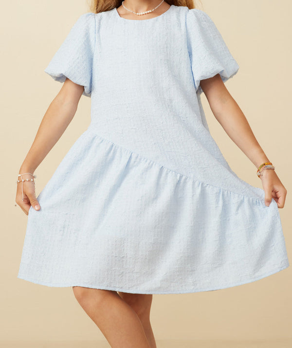 Textured Puff Sleeve Asymmetric Hem Dress