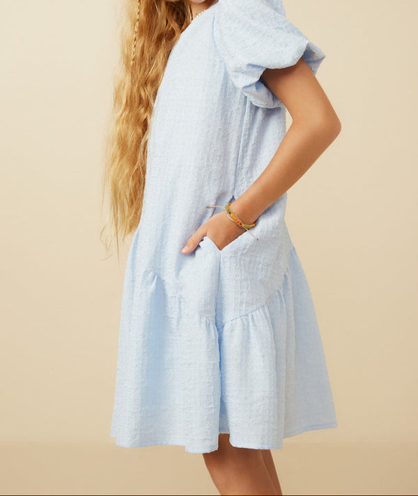 Textured Puff Sleeve Asymmetric Hem Dress