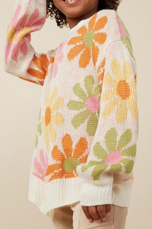 Retro Daisy Knit Pullover Sweater- Ivory