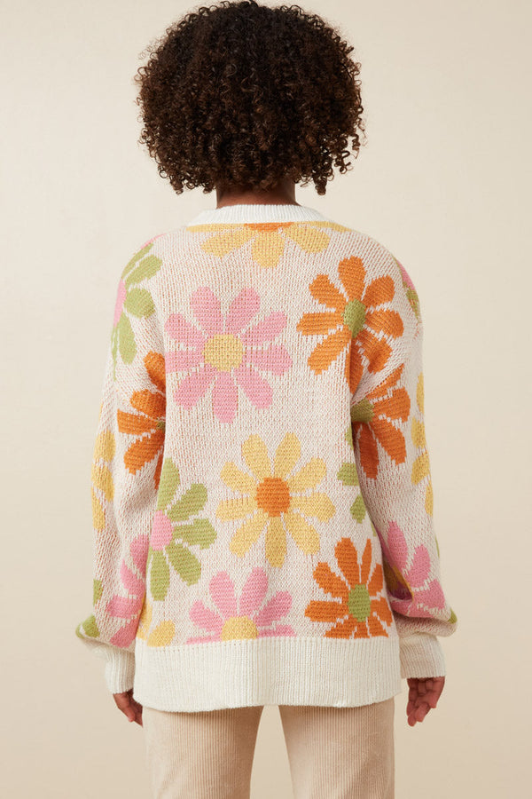 Retro Daisy Knit Pullover Sweater- Ivory