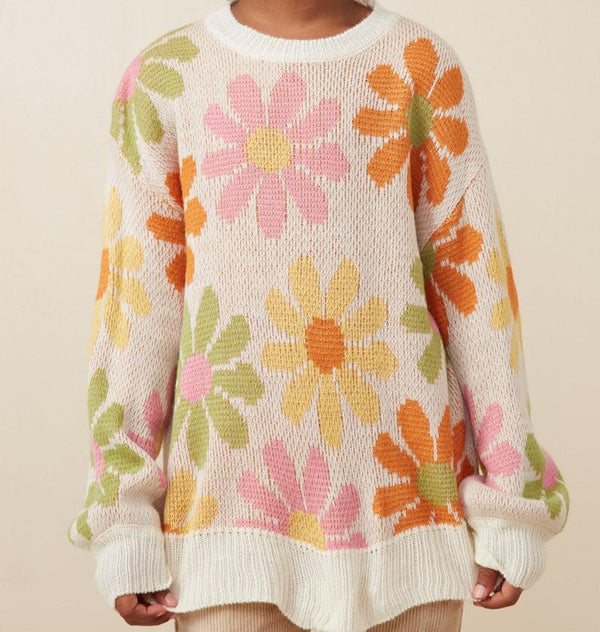 Retro Daisy Knit Pullover Sweater- Ivory