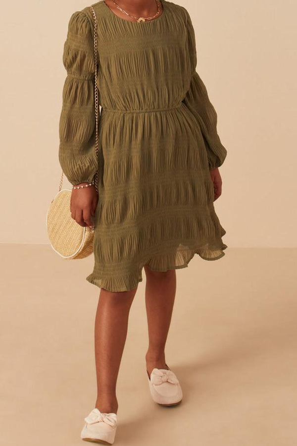 Mixed Pleated Peasant Sleeve Dress- Olive