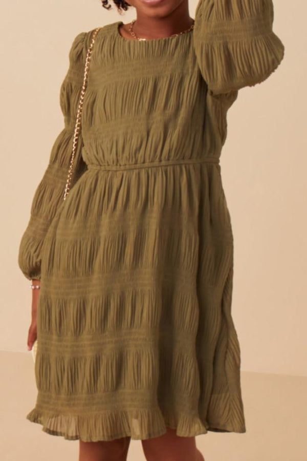 Mixed Pleated Peasant Sleeve Dress- Olive