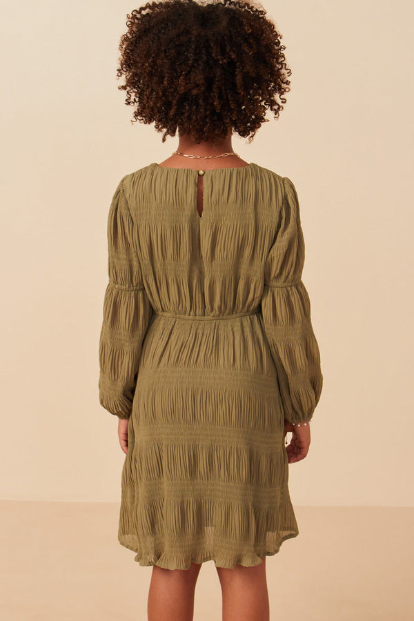 Mixed Pleated Peasant Sleeve Dress- Olive