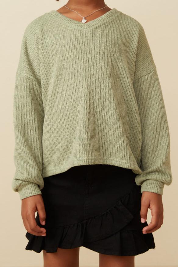 Brushed Fuzzy Ribbed V Neck Knit Top- Sage