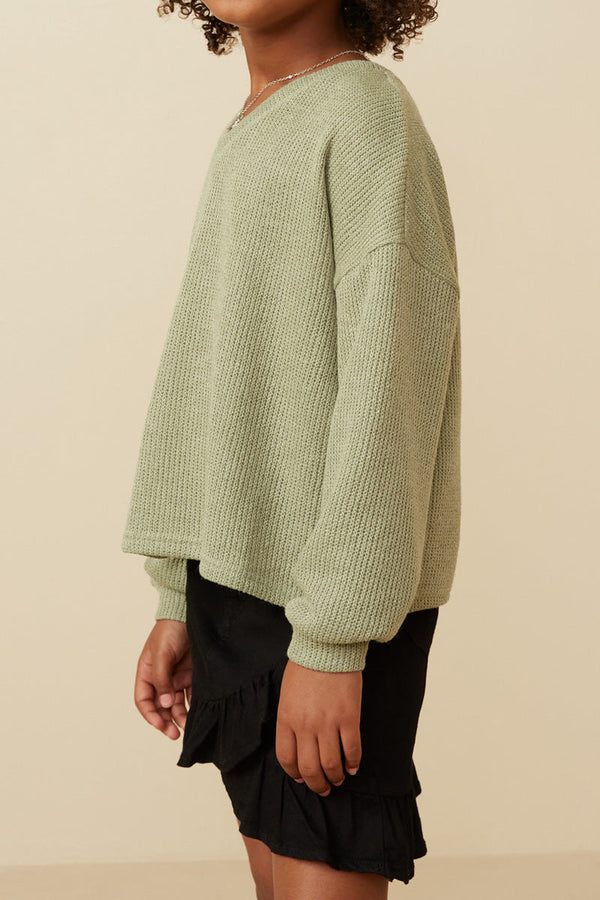 Brushed Fuzzy Ribbed V Neck Knit Top- Sage