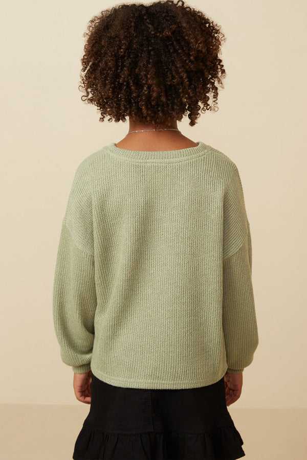 Brushed Fuzzy Ribbed V Neck Knit Top- Sage