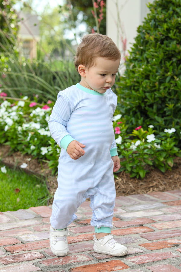 Thomas Romper- Light Blue Stripe & Mint