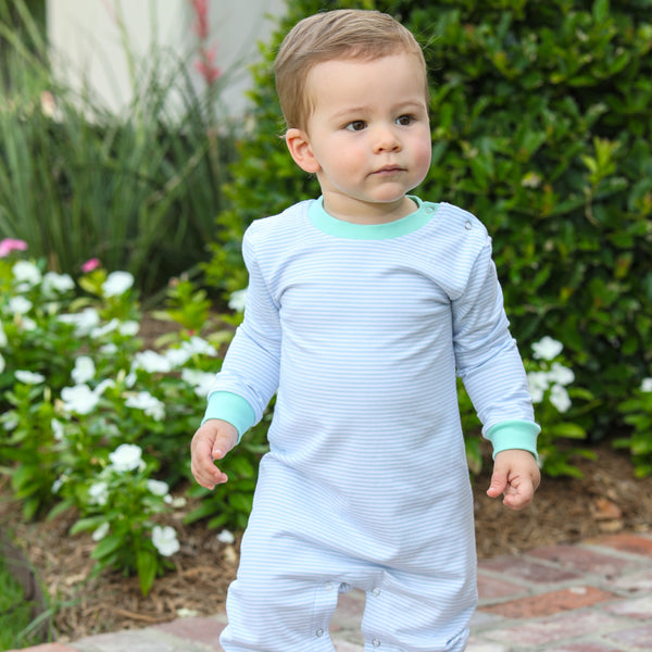 Thomas Romper- Light Blue Stripe & Mint