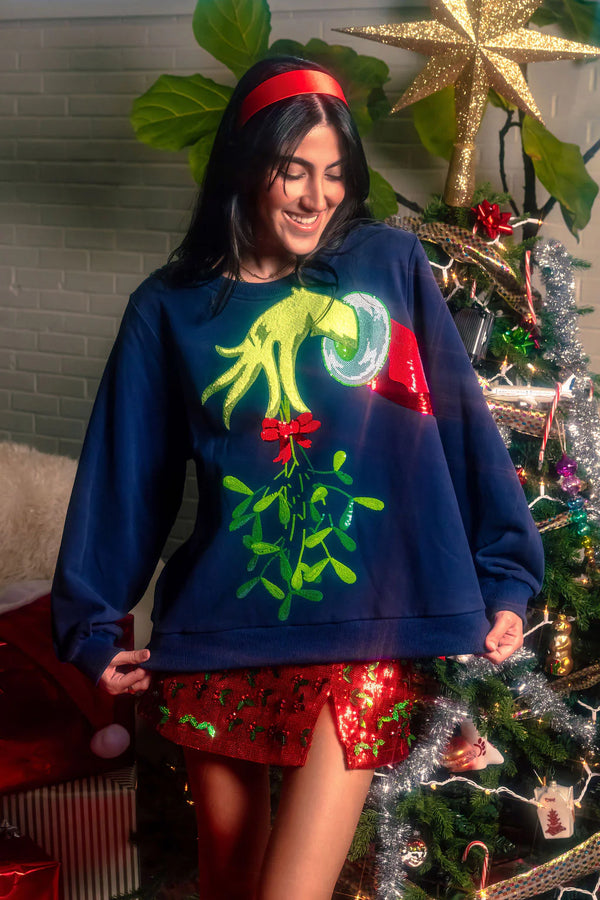 Navy Grinch Mistle Toe Hand Sweatshirt- Women's