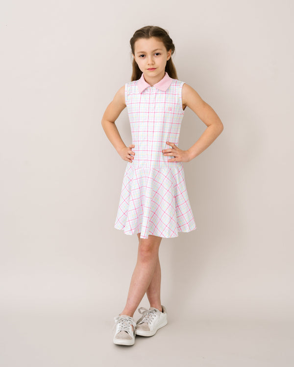 Olivia Dress- Palm Island Windowpane, Cotton Candy Pink