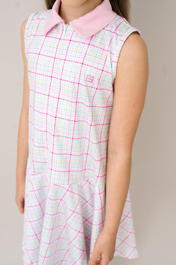 Olivia Dress- Palm Island Windowpane, Cotton Candy Pink