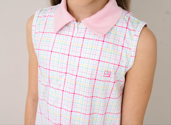 Olivia Dress- Palm Island Windowpane, Cotton Candy Pink