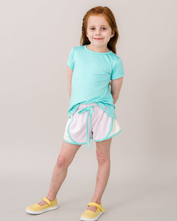 Elise Short- Cotton Candy Pink, Sunshine Yellow Ministripe, Totally Turquoise