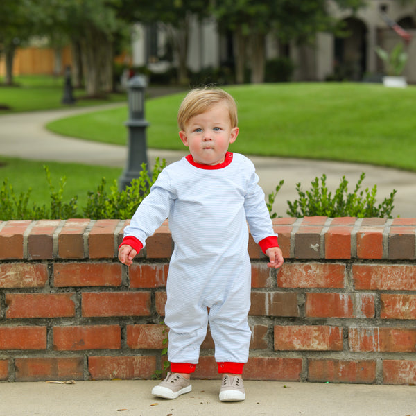 Thomas Romper- Light Blue Stripe & Red