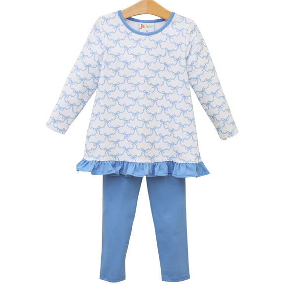 Blue Trellis Bow Ruffle Pants Set