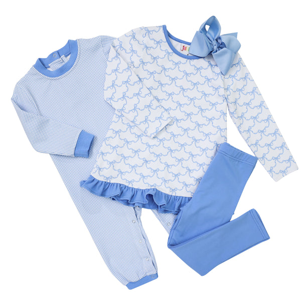 Blue Trellis Bow Ruffle Pants Set