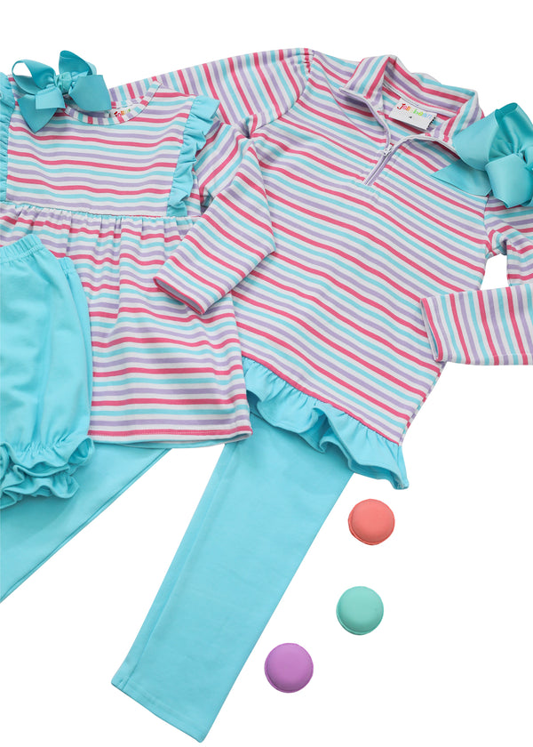 1/4 Zip Ruffle Pullover Set- Candy Stripe