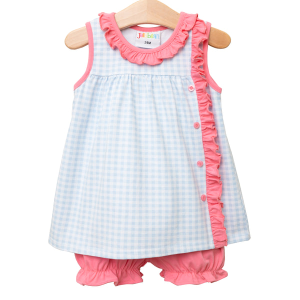 Clara Sleeveless Bloomer Set- Blue Gingham And Pink