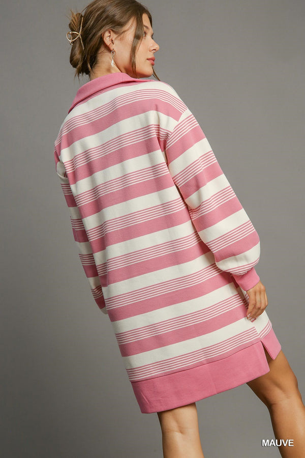 Pink & White Striped Half-Zip Knit Dress