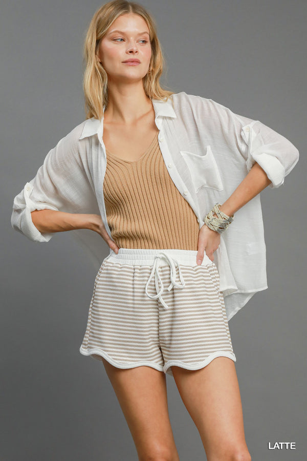 Textured Scalloped Knit Short Set- Latte