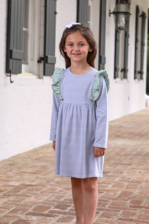 Madison Dress- Dusty Blue Stripe/Sage Green