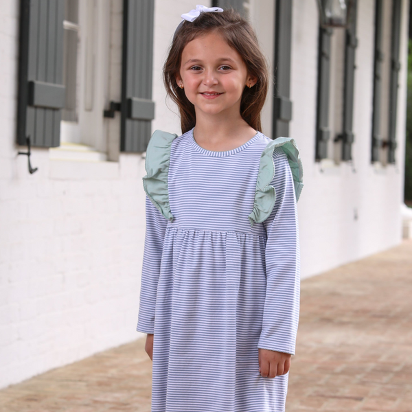 Madison Dress- Dusty Blue Stripe/Sage Green