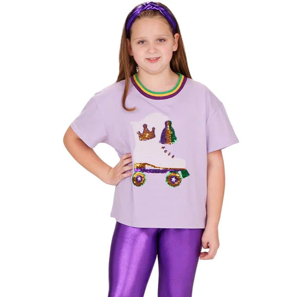 Sequin Roller Skate Boot Boxy T- Mardi Gras