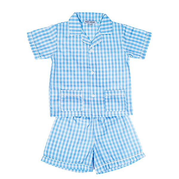 Blue Gingham White Trim Short PJ Set