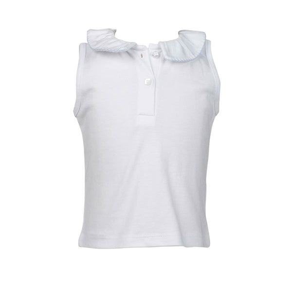 Ruffled Peter Pan Sleeveless Shirt w/ Sky Blue Trim