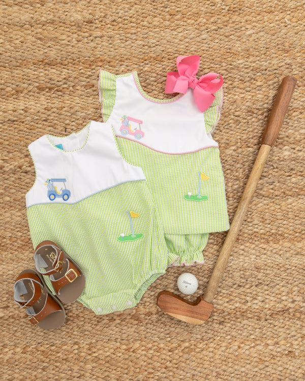 Golf Ruffle Bloomer Set- Green Seersucker Stripe